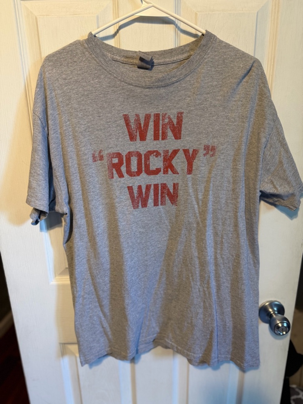 Men's Gray Graphic Tee with Red 'WIN ROCKY WIN' Print